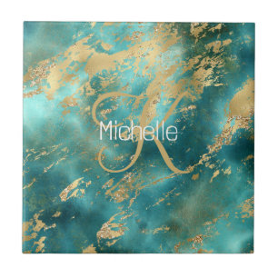 Carreau Monogramme Nom Initial Turquoise Vert Marbre Or