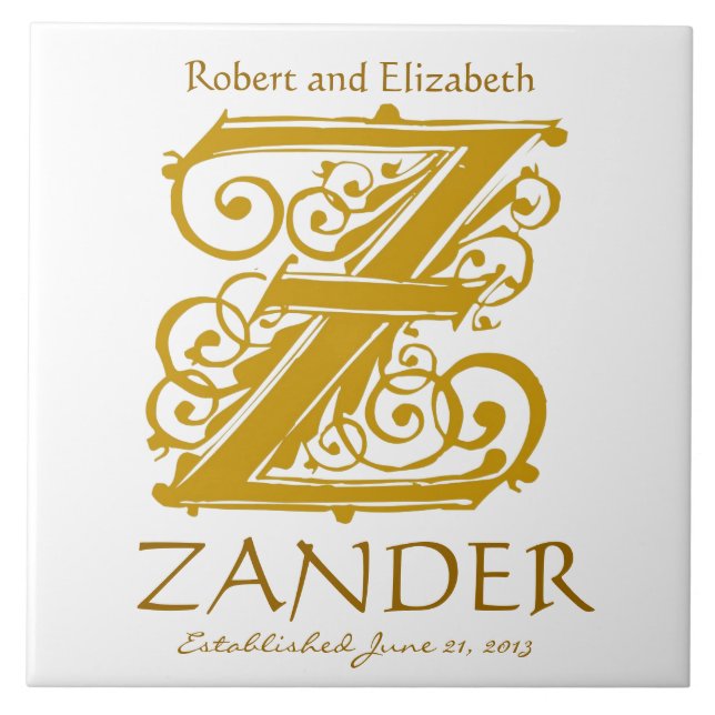 Carreau Monogramme or Z en blanc - Noms Mariage Date Tile (Devant)
