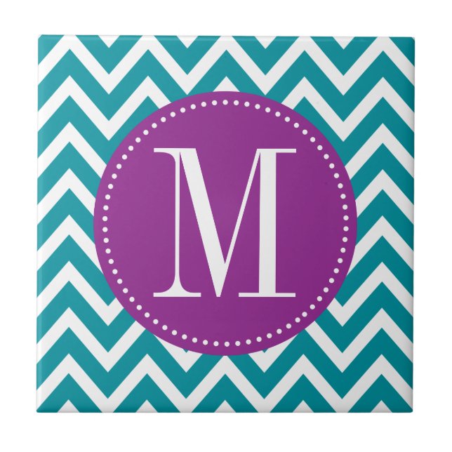 Carreau Monogramme personnalisé pourpre et bleu Chevron (Devant)