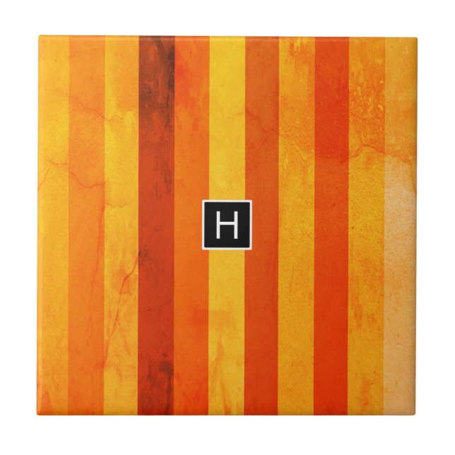 Carreau Monogramme rayures orange rouge altéré chaud (Devant)