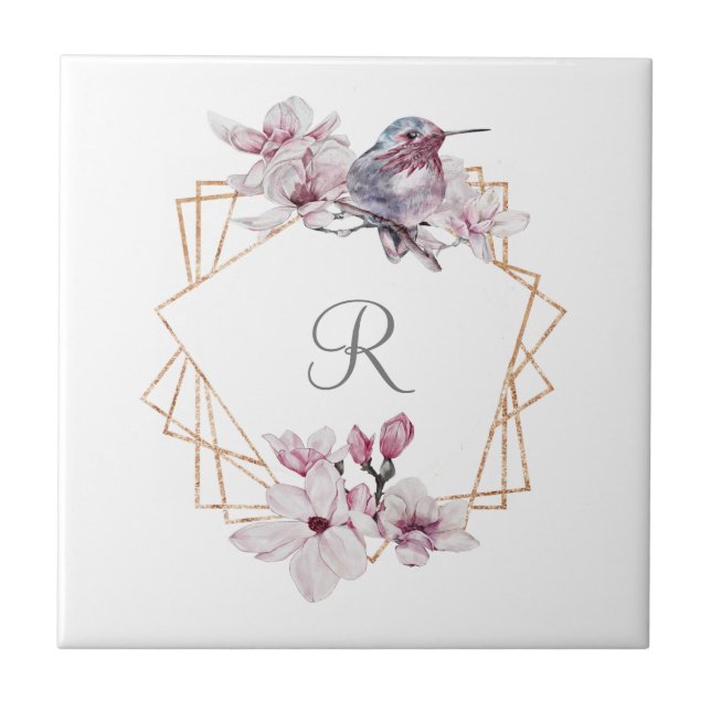 Carreau Monogramme rose blanc Magnolias Bird Gold Frame (Devant)