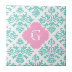 Carreau Monogramme rose floral de la damassé #3 Quatrefoil