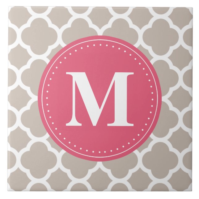 Carreau Monogramme rose Lin Gris Quatrefoil Motif (Devant)