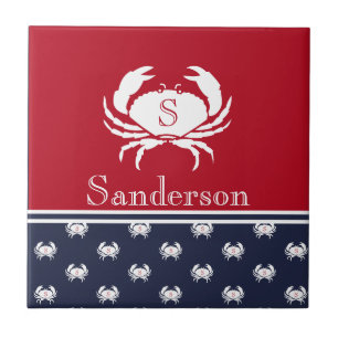 Carreau Monogramme Rouge Blanc Marine Bleu Crabe Nautique