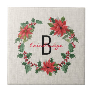 Carreau Monogramme Rustic Poinsettia & Holly Wreath