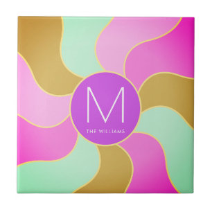 Carreau Monogramme Rustique Rétro Coloré Vague Solaire
