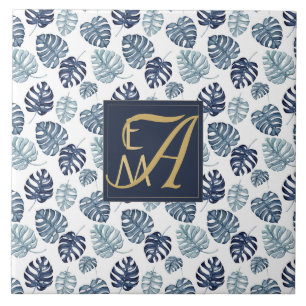 Carreau Monogramme Tropical Palm Navy Blue Gold Mariage