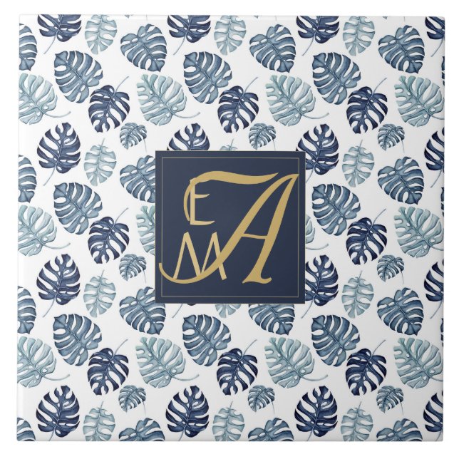 Carreau Monogramme Tropical Palm Navy Blue Gold Mariage (Devant)