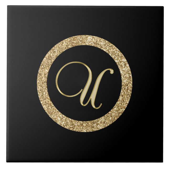 Carreau Monogramme U, or sur fond noir de minuit, (Devant)