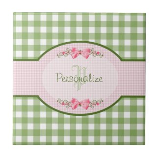 Carreau Monogramme vert Girly de guingan avec le nom