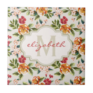Carreau Monogramme Vintage de l'aquarelle victorienne Flor
