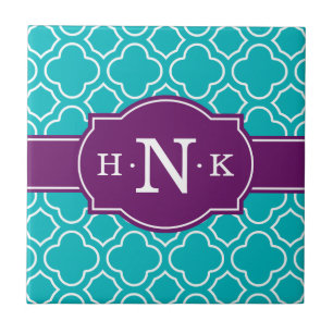 Carreau Monogramme violet Motif de Quatrefoil Turquoise