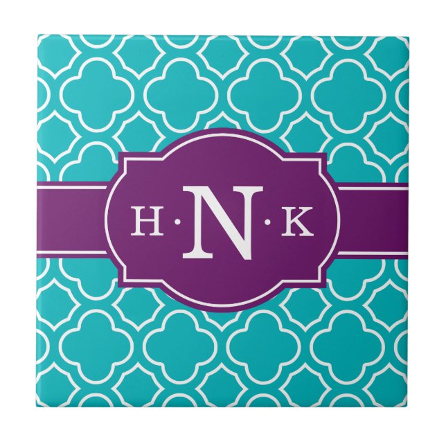 Carreau Monogramme violet Motif de Quatrefoil Turquoise (Devant)