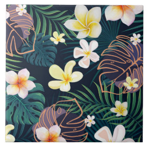 Carreau Monstère tropicale fleurs de plumeria feuille