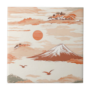 Carreau Mont Fuji Lever de Soleil Doré Motif Aquarelle Jap
