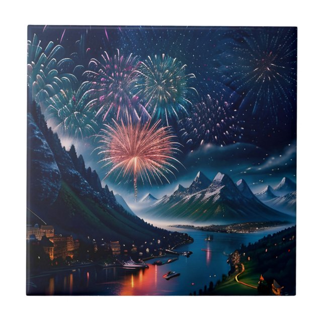 Carreau Montagne Twilight avec feux d'artifice (Devant)
