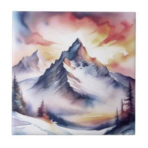 Carreau Montagnes enneigées et aquarelle de ciel rouge