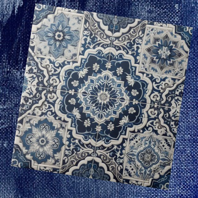 Carreau Moroccan Mediterranean Blue & White Tile Pattern (Créateur téléchargé)