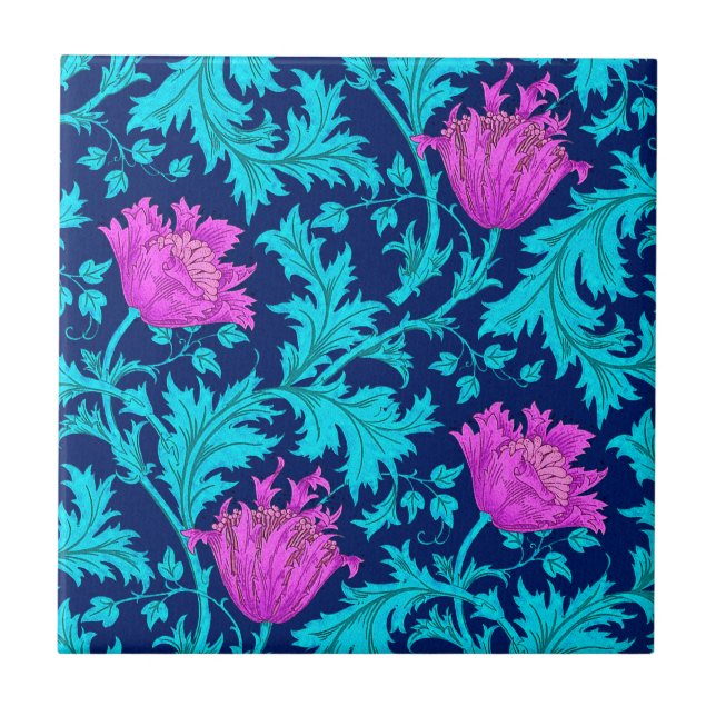 Carreau Morris Anemone Motif, Marine, Turquoise & Magenta (Devant)
