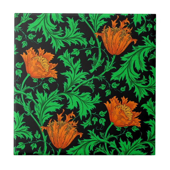 Carreau Morris Anemone Motif, orange, vert et noir (Devant)