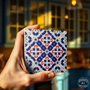Carreau Mosaïque croisée vibrante en bleu marine, rouge et