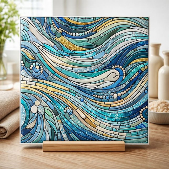 Carreau Mosaïque d'art fin sarcelle de mer de vagues (Créateur téléchargé)