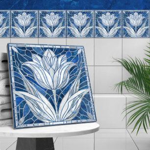 Carreau Mosaïque de fleur de tulipe - Marbre bleu et Pearl