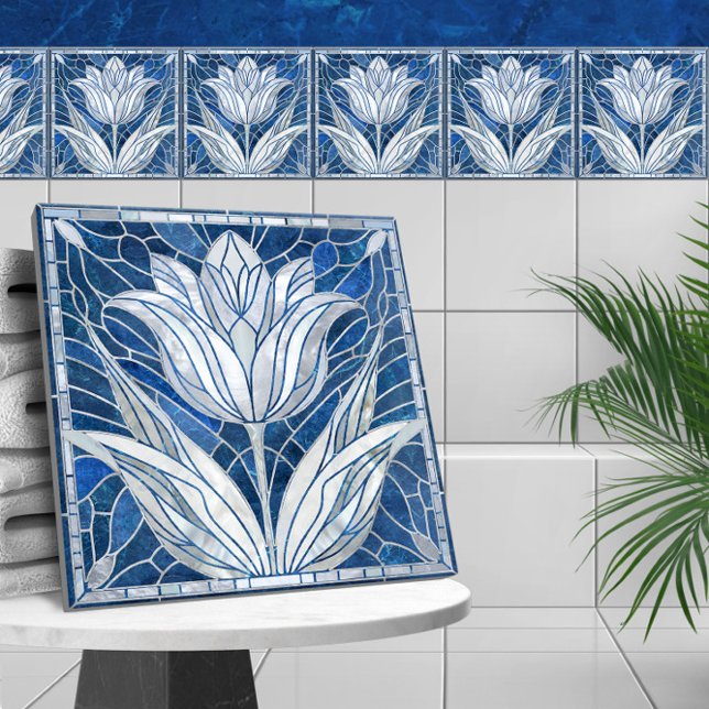 Carreau Mosaïque de fleur de tulipe - Marbre bleu et Pearl (Créateur téléchargé)