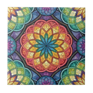 Carreau Mosaïque de mandala arc-en-ciel radieux – Verre te