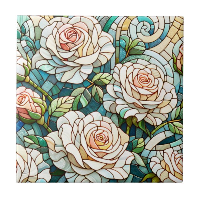 Carreau Mosaïque de roses blanches en verre teinté (Devant)
