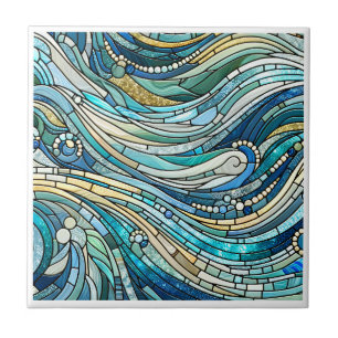 Carreau Mosaïque de teal de la mer des vagues Beaux-Arts