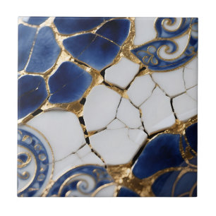 Carreau Mosaïque en porcelaine bleu blanc or Kintsugi