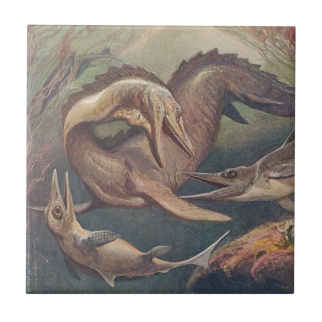 Carreau Mosasaurus Vintage contre Ichthyosaures Imprimer (Devant)