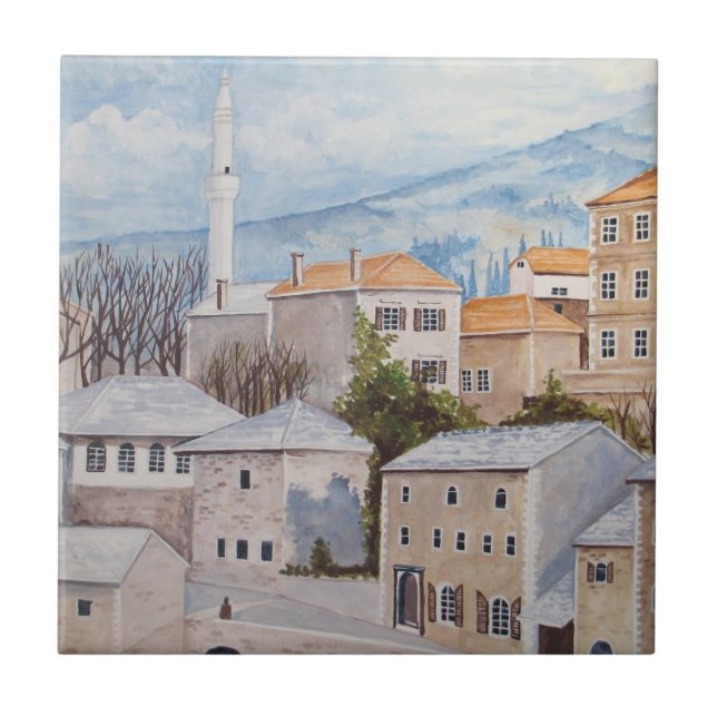 Carreau Mostar, Bosnie - Peinture Townscape Acrylique (Devant)