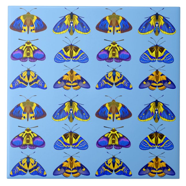 Carreau Moths en bleu, jaune doré et marron (Devant)