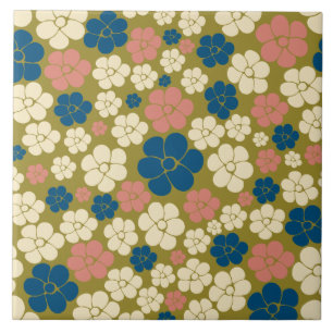 Carreau Motif à fleurs - Bleu, Vert olive, Rose et Crème
