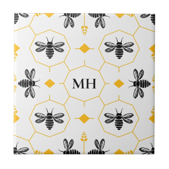 Carreau Motif abeille jaune moderne Monogramme noir élégan (Devant)