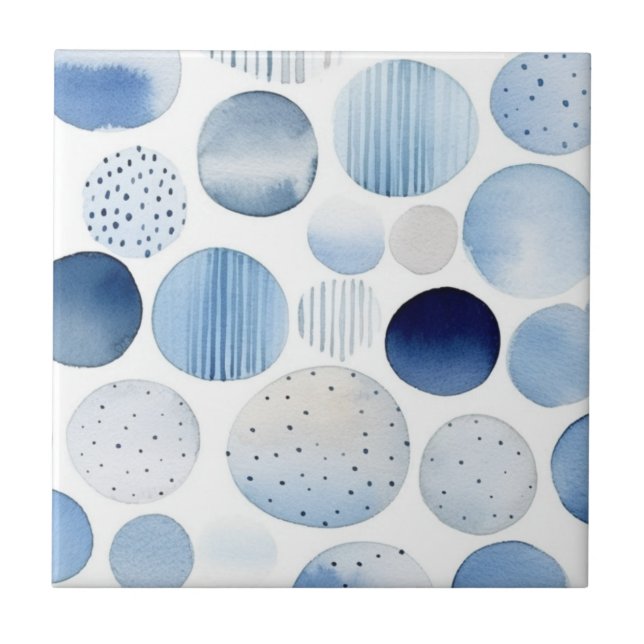 Carreau Motif Abstrait Aquarelle Cercles Bleus Blancs (Devant)