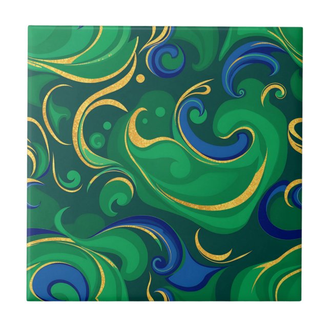 Carreau Motif Abstrait en Vert et Or Riche (Devant)