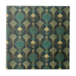 Carreau Motif Abstrait Géométrique Art Déco Sarcelle et Or