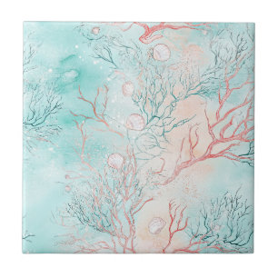 Carreau Motif aquarelle de coquillages de récif corallien