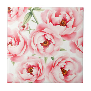 Carreau Motif aquarelle de pivoines roses en fleurs