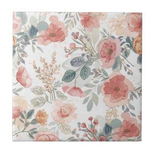 Carreau Motif aquarelle floral jardin corail rose