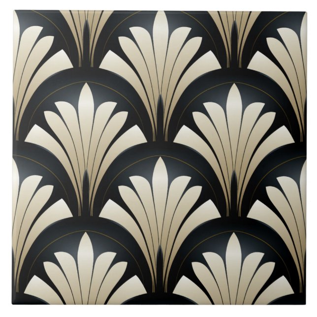 Carreau Motif Art déco, Feuille noir et beige (Devant)