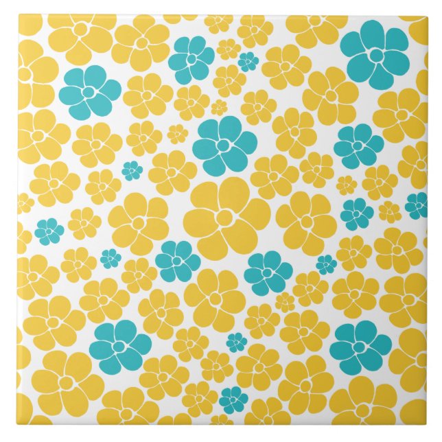 Carreau Motif aux fleurs - Turquoise et Jaune (Devant)