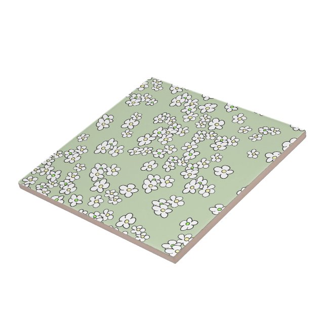 Carreau Motif blanc marguerite sur vert doux (Côté)