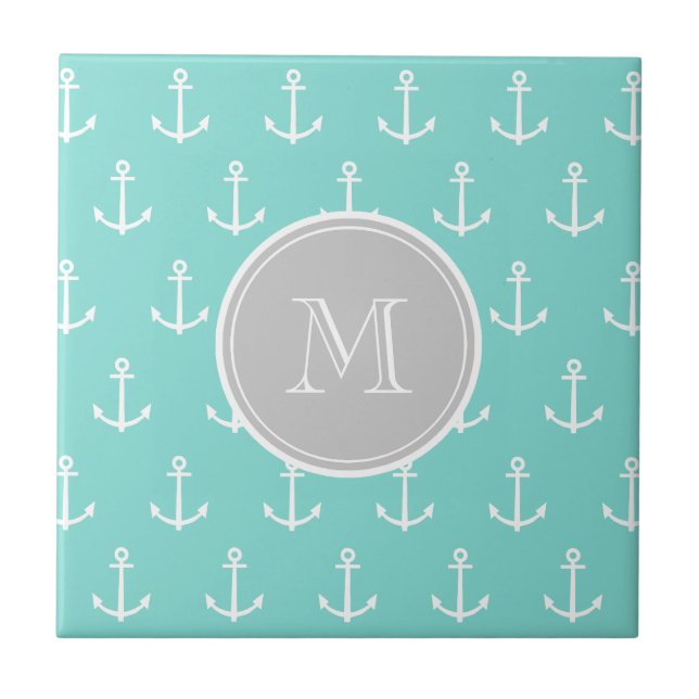 Carreau Motif blanc vert en bon état d'Ancres, monogramme (Devant)