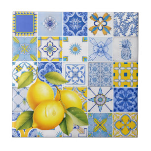 Carreau Motif bleu italien Citron Bridesmaid cadeau été
