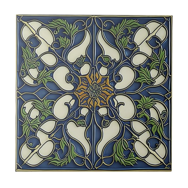 Carreau motif bleu vintage céramique Art nouveau (Devant)