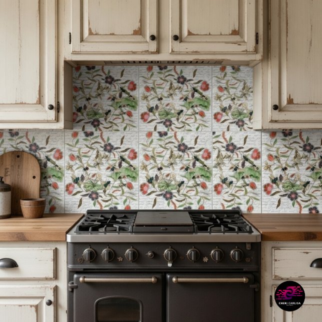 Carreau Motif botanique abeille écriture française (French Script Botanical Bee tiles styled as a rustic kitchen backsplash.)